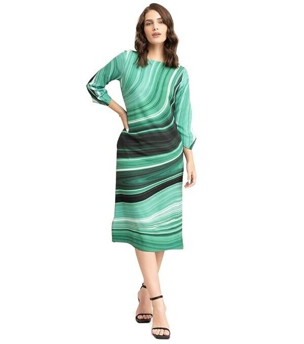 FableStreet Women's Formal V-Neck Green Marble Print Dress